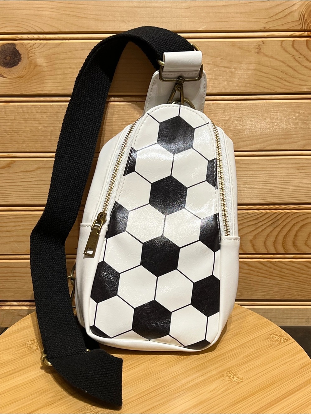 White & Black Soccer Pattern Crossbody Sling Bag - Brand Not Visible